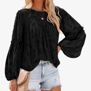 Dokotoo Women's Bell Sleeve Floral Lace Textured Black Blouse - Size XL